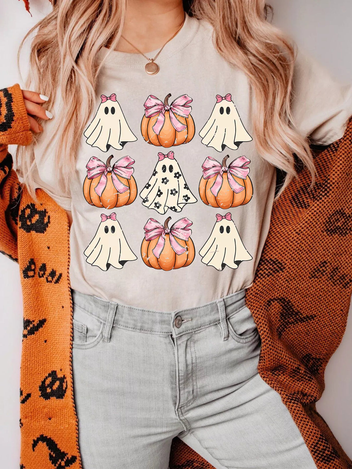 Tan bow ghost and pumpkin Halloween graphic T-shirt