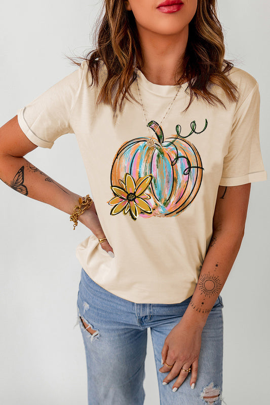 Sand pumpkin graphic round neck T-shirt front view