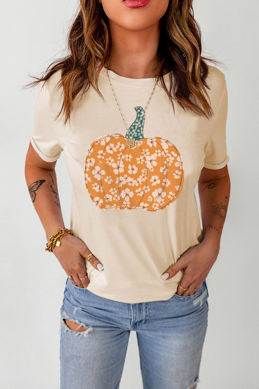 Cream pumpkin graphic cuffed sleeve T-shirt front view